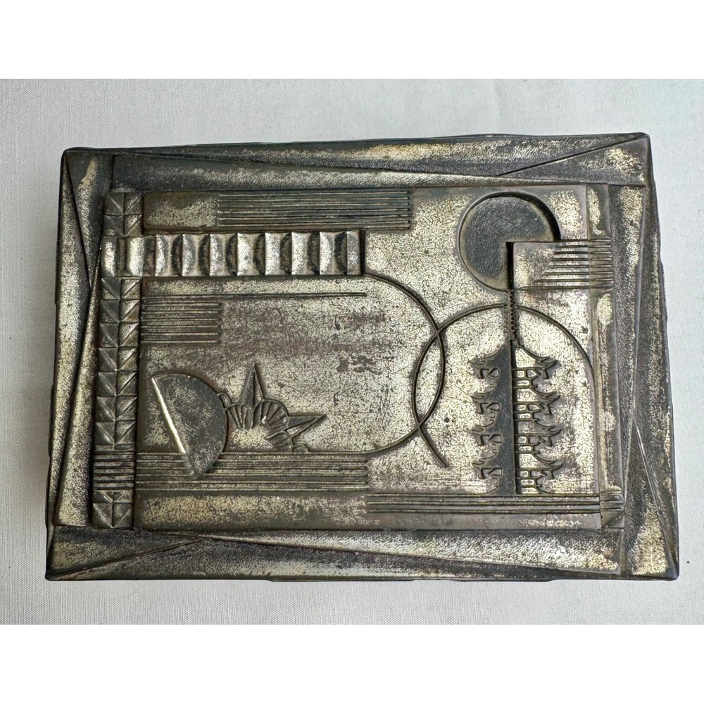 Vintage Art Deco Brutalist Metal Trinket Box Wood Lined Geometric Relief Silver